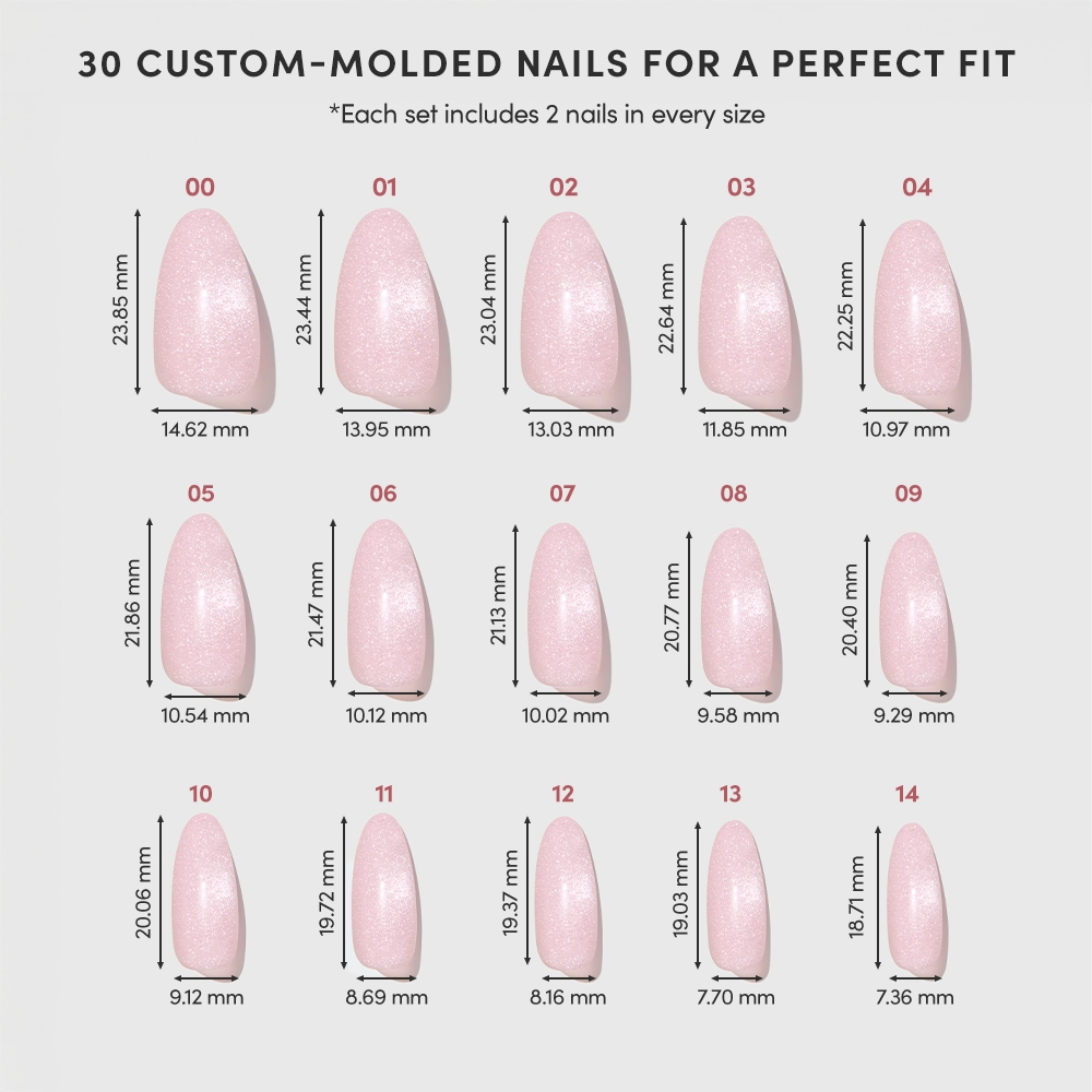 The glamnetic Pink Darling chart shows 15 salon-quality pink press-on nail sizes (00–14), each oval nail with length and width in millimeters below. Each set includes 2 nails per size. - Product image
