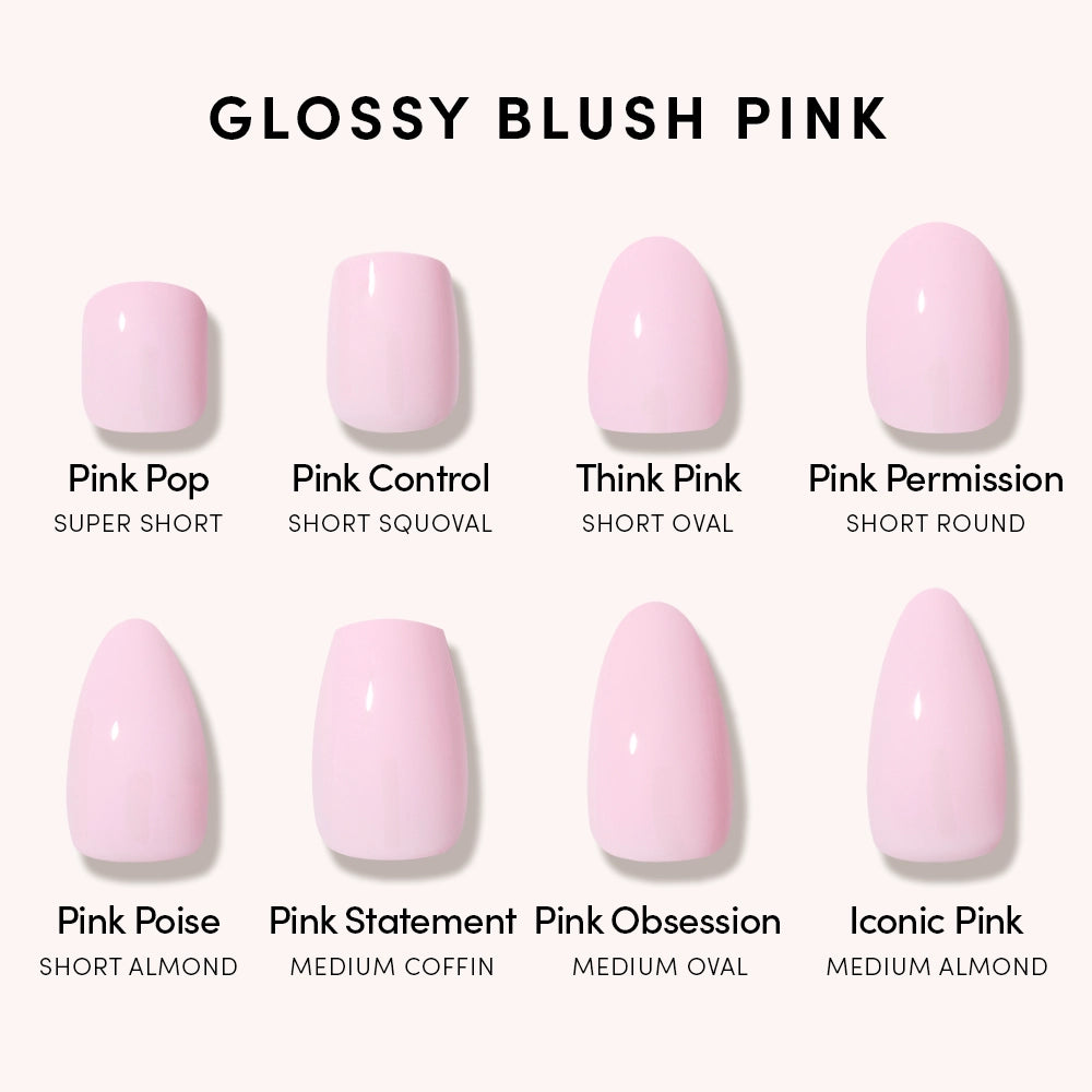 The Pink Obsession set by glamnetic features seven glossy blush pink press-on nails, each with a unique name and shape, including popular medium oval and short almond styles—ideal for effortless elegance. - Product image