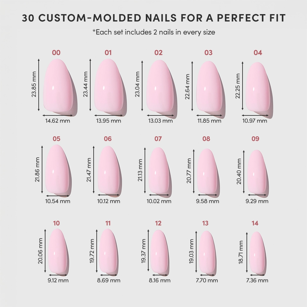 A chart shows 15 sizes of Pink Obsession almond press-on nails by glamnetic, with width and length in mm. “30 custom-molded nails for a perfect fit” headline—ideal for those seeking medium oval nails. - Product image