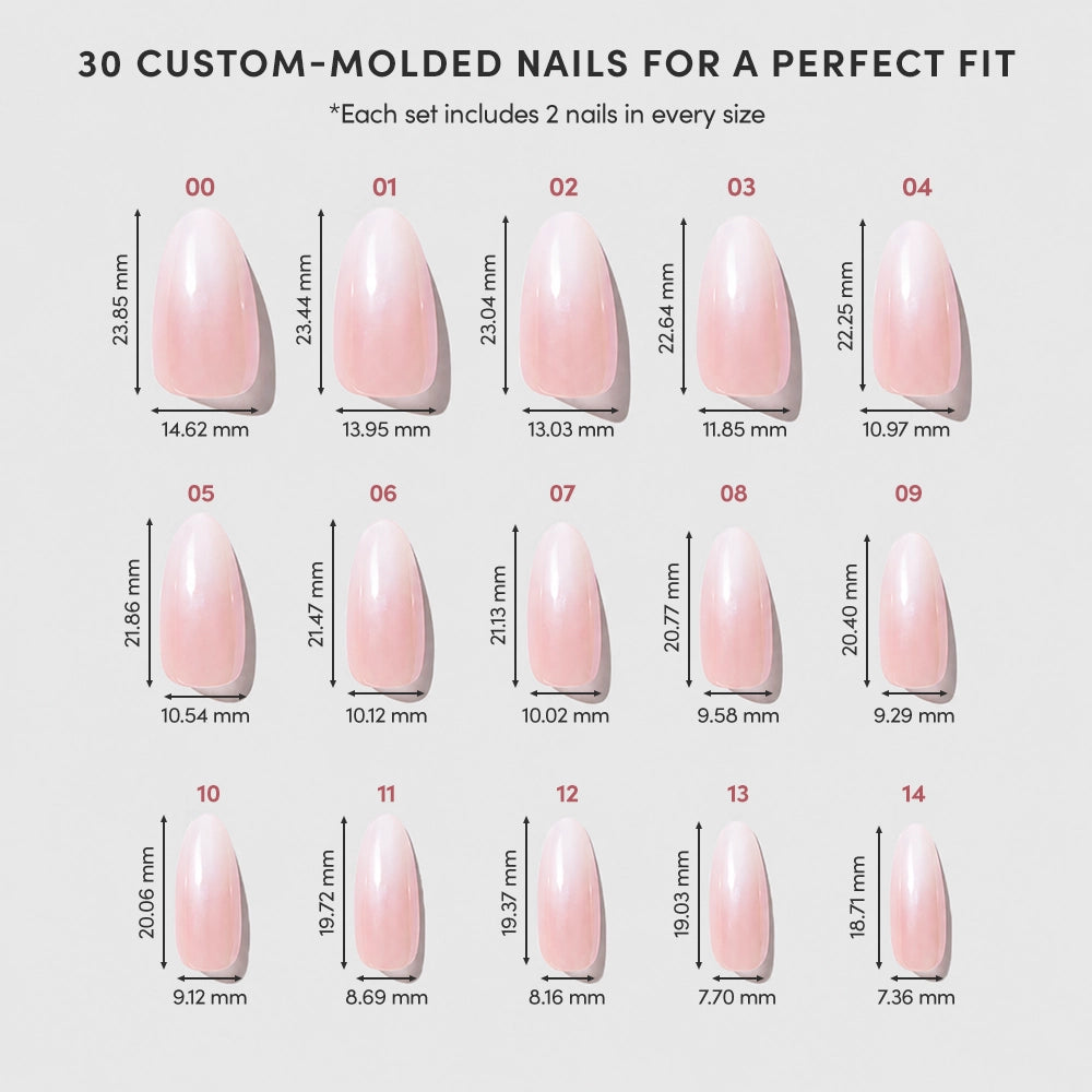 A chart shows 15 sizes of glamnetic Pink Pearl press-on nails, each labeled with a number and millimeter size for height and width. The salon-quality nude pink nails are arranged in rows to display their measurements. - Product image