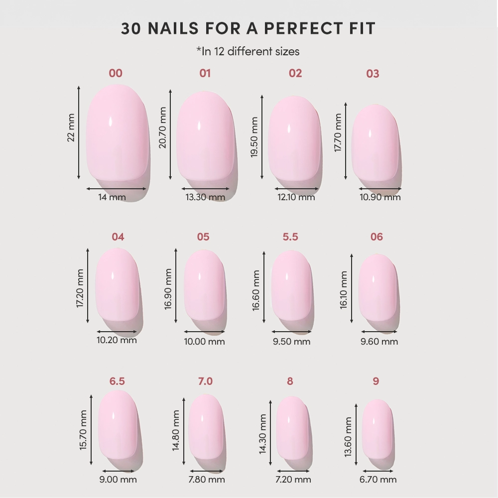 Chart of 12 Pink Permission by glamnetic press-on nail sizes, each labeled with a number and width/length in mm, showing glossy nails from largest (14 x 22 mm) to smallest (6.10 x 15 mm). - Product image