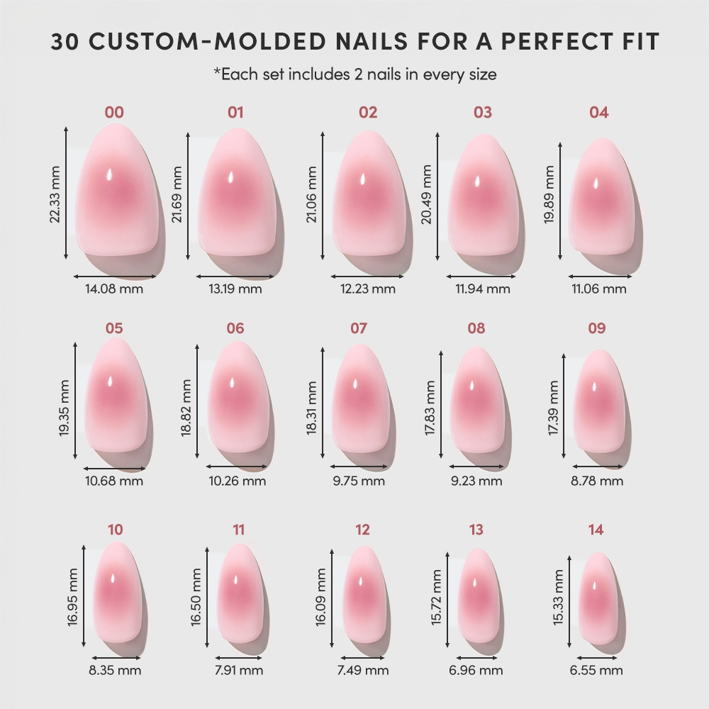 A glamnetic Pink Petalite chart displays 15 custom-molded press-on nail sizes, each front-facing with pink petalite shading, labeled by size number, and showing length and width in millimeters. - Product image