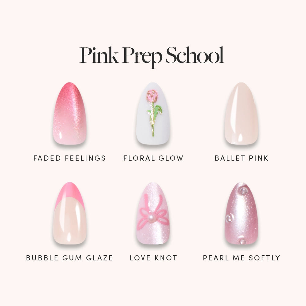 Six nail designs from glamnetic’s “Pink Prep School” collection—pink gradient, floral print, classic pink, pink French tip, pink bow accent, and glittery pink pearl—each showcase a distinctive pink-toned finish. These styles are ideal for anyone who loves chic short almond press-on nails or feminine French tip press-ons in gorgeous shades of pink.