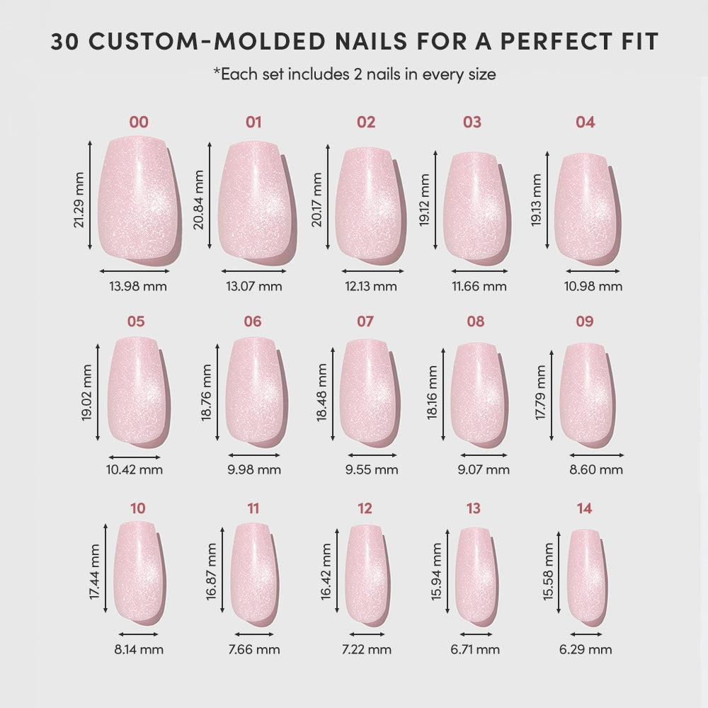 Chart displays 15 sizes of glamnetic Pink Secret salon-quality coffin press-on nails (labeled 00–14) by width and height in millimeters; each set includes two nails per size for a total of 30 pink press-ons. - Product image