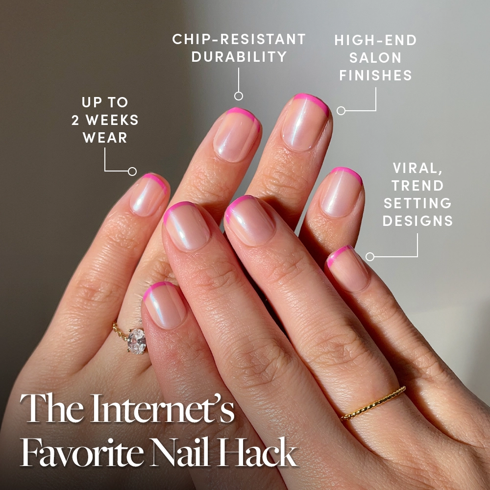 Close-up of hands with glamnetic's Pink Tutu micro-French tips. Text highlights: up to 2 weeks wear, chip-resistant durability, salon-quality finish, and viral trend-setting designs. Title: The Internet’s Favorite Nail Hack. - Product image