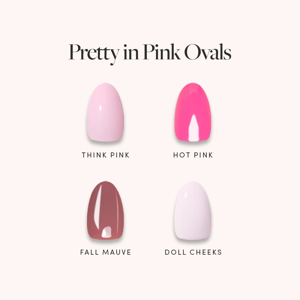 Four short oval nail polish swatches—Think Pink (light pink), Hot Pink (bright pink), Fall Mauve (mauve brown), and Doll Cheeks (pale pink)—are displayed on a light background beneath the "Pretty in Pink Ovals" text, showcasing glamnetic’s gorgeous press-on pink nail set perfect for manicure enthusiasts.