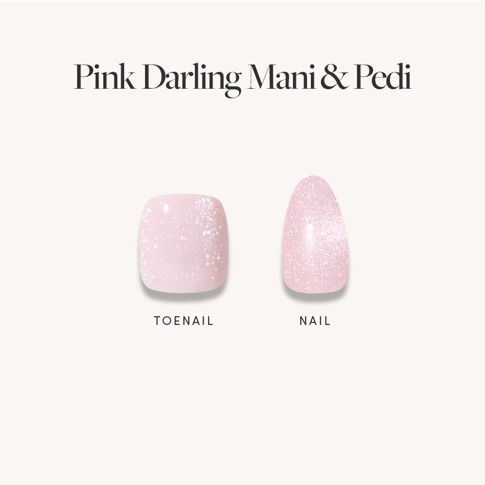 Two samples are shown from glamnetic's Velvet Pink Mani &amp; Pedi Bundles: a sparkly light pink square press-on toenail and an oval fingernail, both with a velvet finish. The text above reads, Pink Darling Mani Pedi.