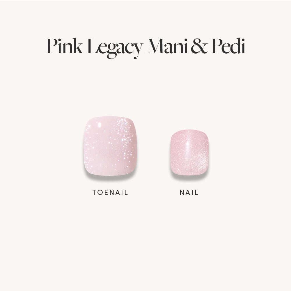 Two artificial nails labeled TOENAIL and NAIL in light pink with a glittery finish are shown under the text Velvet Pink Mani & Pedi Bundles by glamnetic, featuring our pink nail bundle for a chic look. - Product image