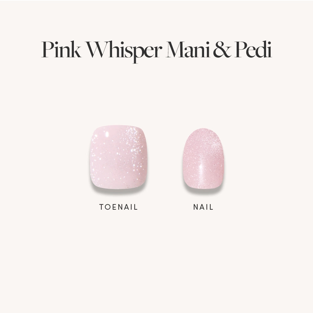 Two artificial nails, TOENAIL and NAIL, with light pink glitter polish are shown below the text Velvet Pink Mani & Pedi Bundles by glamnetic, featuring press-on toenails for an easy, polished look on a light background. - Product image