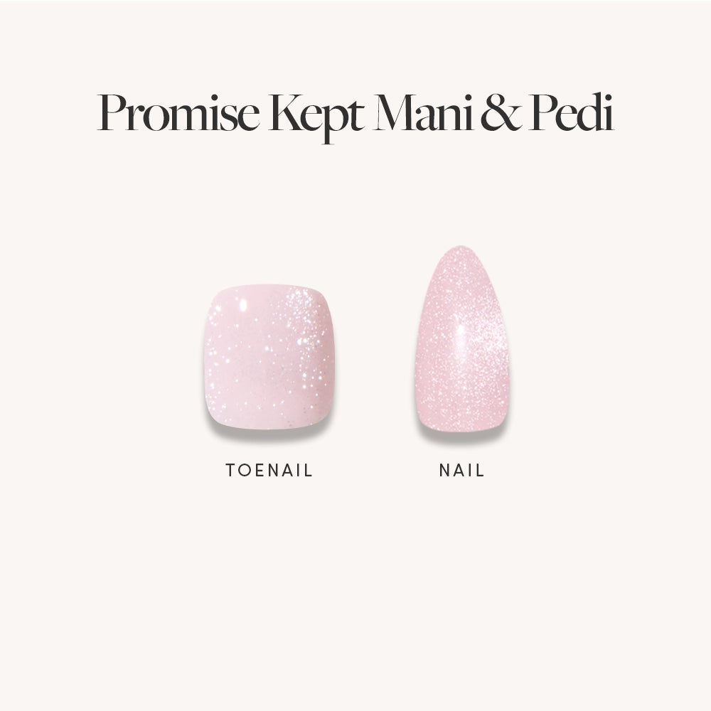 Two glamnetic Velvet Pink Mani & Pedi Bundles nails—one toenail, one fingernail—in soft pink with a glittery velvet finish are displayed on a light background under "Promise Kept Mani Pedi." Ideal for press-on toenails or your pink nail collection.