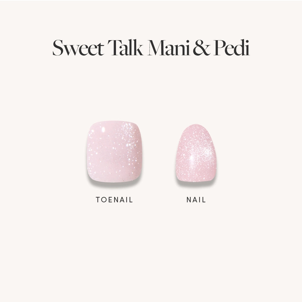 Two artificial nails, labeled toenail and nail, both painted light pink with a velvet finish and white glitter, are displayed as part of the Velvet Pink Mani & Pedi Bundles by glamnetic—a perfect press-on set for easy pink nails. - Product image
