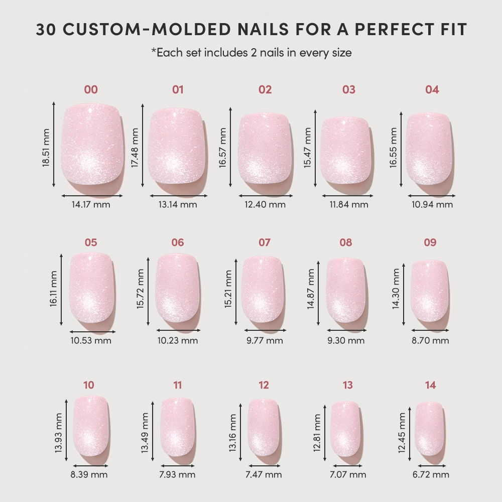 The glamnetic Pinky Promise set includes 30 vegan, cruelty-free blush velvet press-on nails—2 each of 15 custom-molded sizes (00–14). A sizing chart shows their precise dimensions for a flawless fit. - Product image