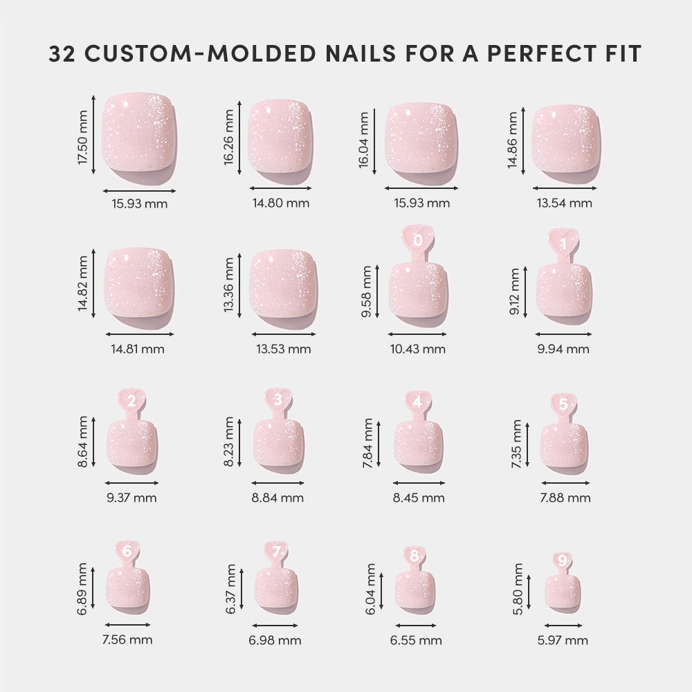 A chart displays 16 sizes of glamnetic Pinky Promise Toenail press-ons—each pink and glittery, labeled with width in millimeters and nail numbers—to ensure a perfect fit for every nail. - Product image
