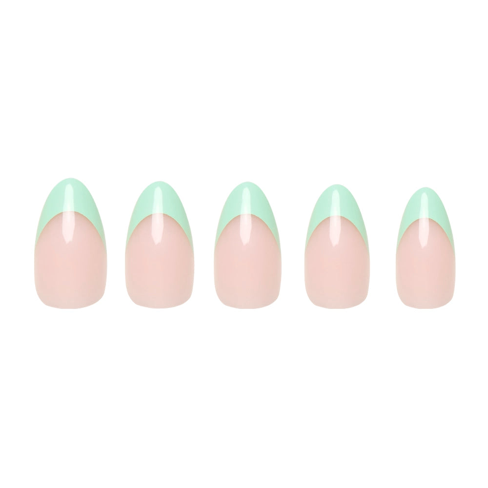 Five salon-quality glamnetic Pistachio Crème press-on nails feature a nude base with pastel mint green French tips, delivering elegant French tip style right to your fingertips. - Product image