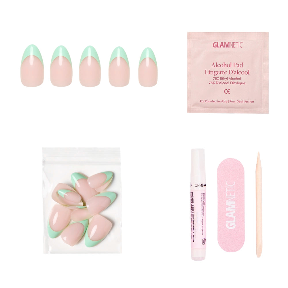 The glamnetic Pistachio Crème Press-On Nail Set includes pink French tip nails, an alcohol pad, extra nails in a pouch, a nail glue pen, a pink nail file, and a wooden cuticle stick—everything for salon-quality nails at home. - Product image