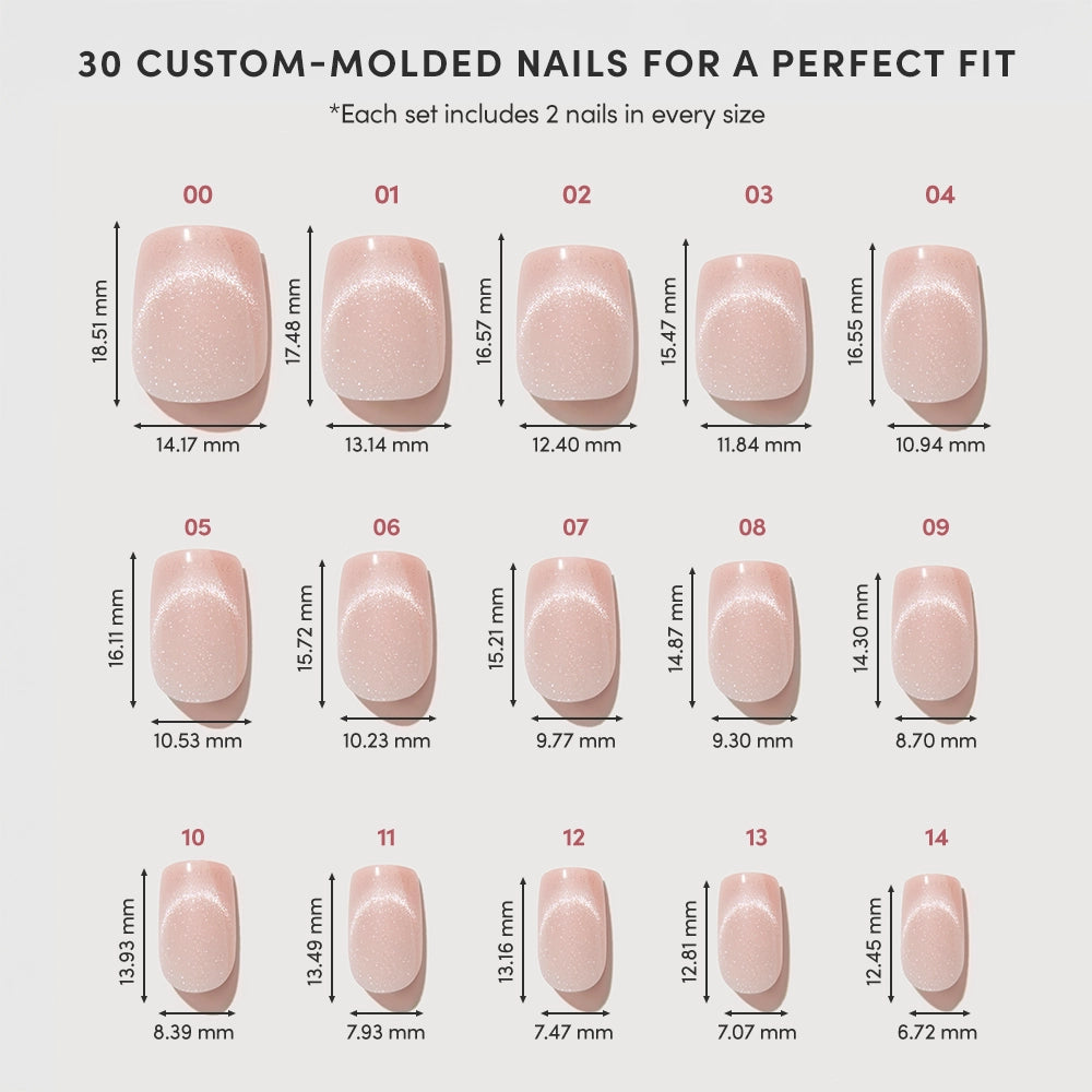Chart showing 15 sizes of glamnetic Pixie Dusted custom-molded press-on nails, each set featuring 2 nails per size. Each nail is labeled with a number and its width and length in millimeters, displayed on a white background. Perfect for achieving short squoval nails or enhancing your look with a stunning cat-eye finish. - Product image