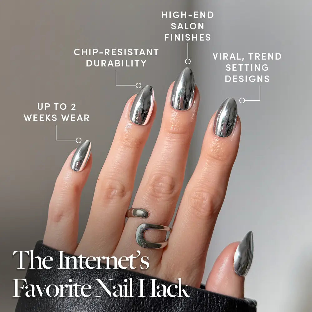 Platinum - A hand with shiny silver platinum chrome nails, labeled benefits: up to 2 weeks wear, chip-resistant durability, high-end salon finishes, and viral, trendsetting designs. Text reads: Meet Platinum by glamnetic—the Internet’s Favorite Nail Hack—featuring metallic press-on nails for instantly flawless style.