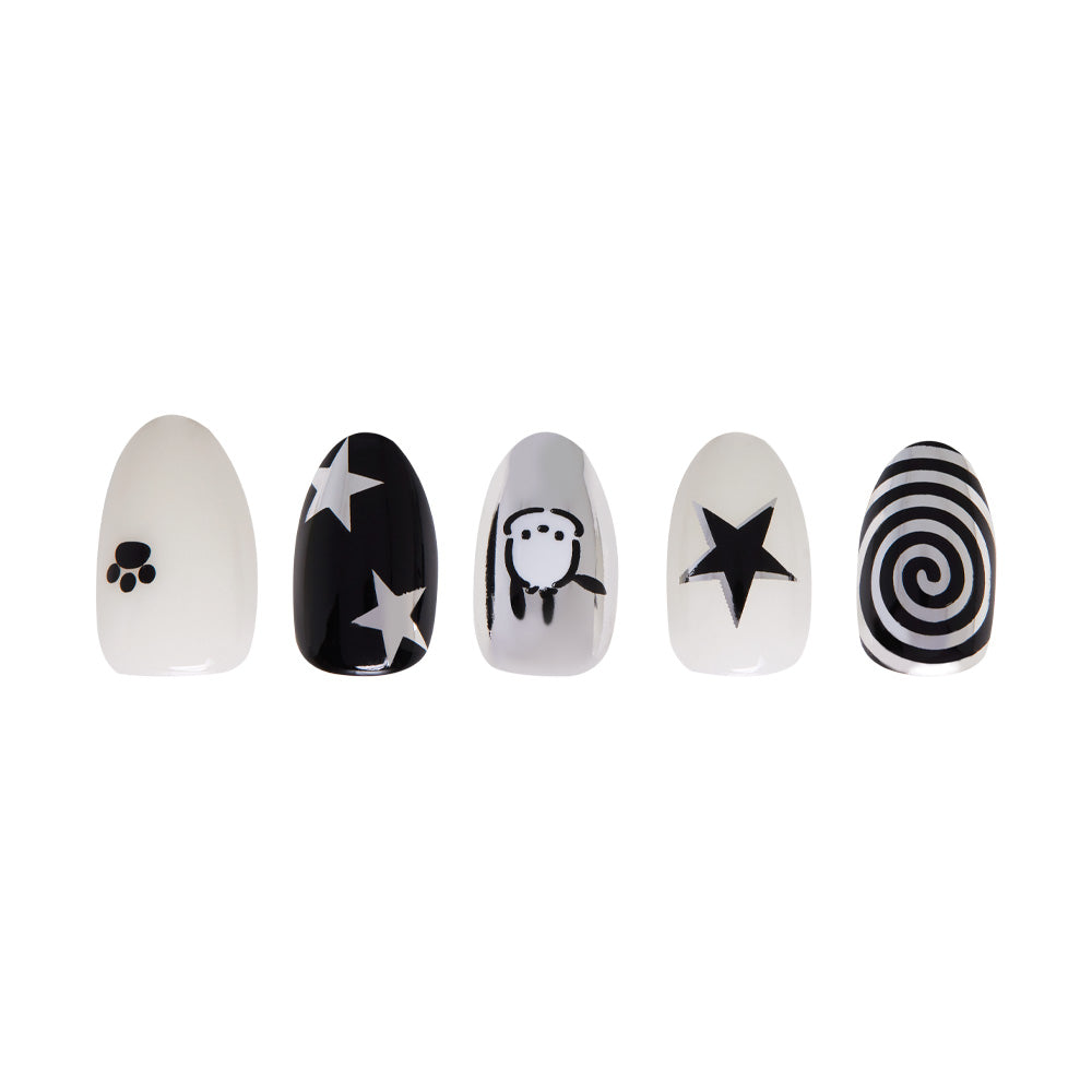 The Pochacco™ Nail Set includes five press-on nails with black and white designs: a paw print, white stars on black, a panda face, a black star, and a spiral—all in this cute Sanrio collaboration. - Product image
