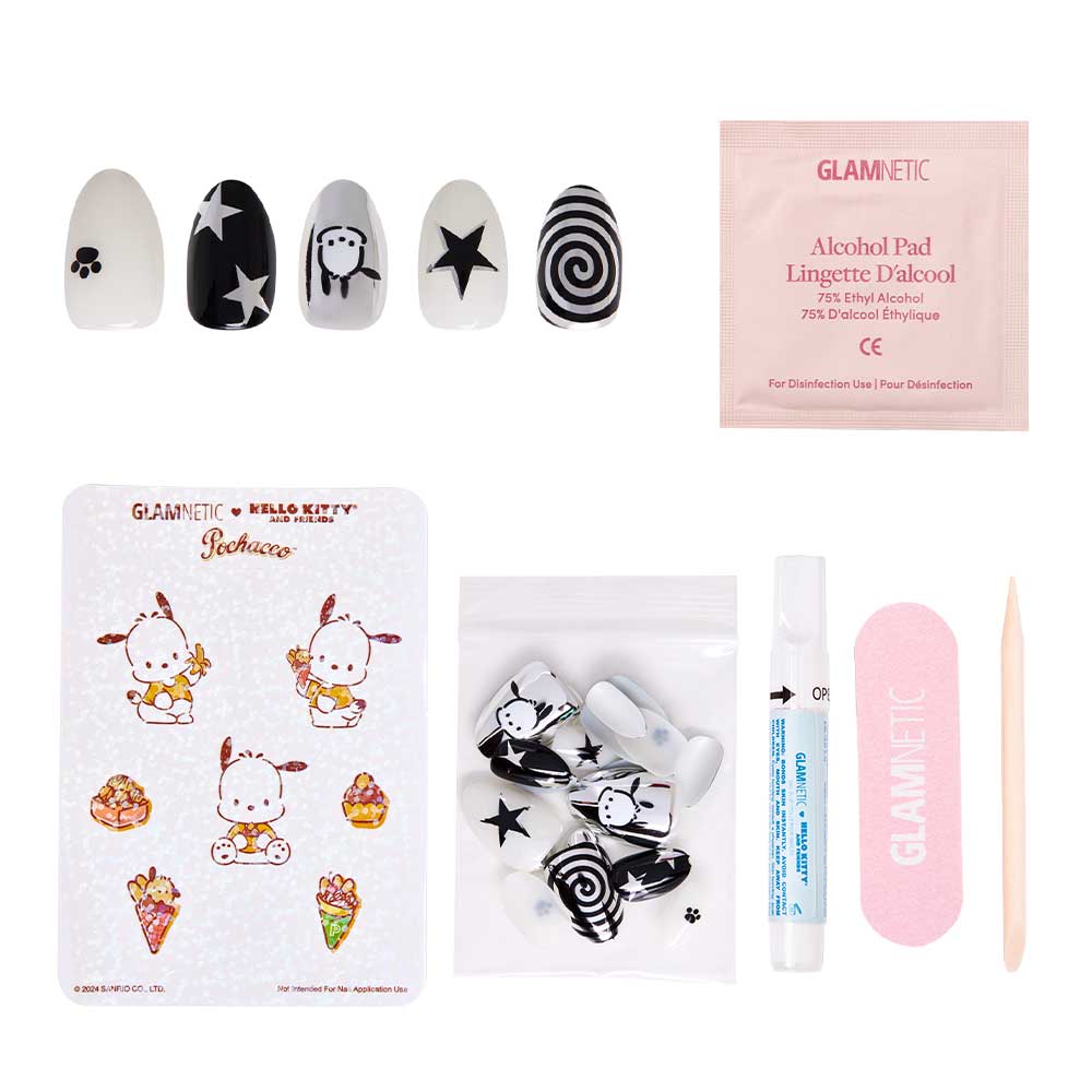 A Sanrio collaboration press-on nail kit featuring black and white Pochacco-themed nails, a pink nail file, wooden cuticle stick, alcohol pad, nail glue, Hello Kitty dessert stickers, extra nails, and a plastic pouch. - Product image