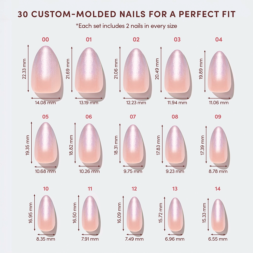 A chart displays 15 sizes of glamnetic’s Polar Day velvet lilac nails, each labeled with precise millimeter lengths and widths. This pink, glossy set offers two nails per size—30 total—for versatile, minimalist manicures. - Product image
