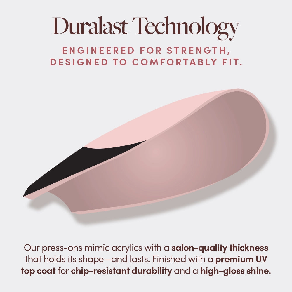 A diagram of glamnetic’s Polar Day press-on nail with labeled layers shows Duralast Technology, salon-quality thickness, chip-resistant UV top coat, durability, and high-gloss shine—ideal for a minimalist nail set or velvet lilac nails. - Product image