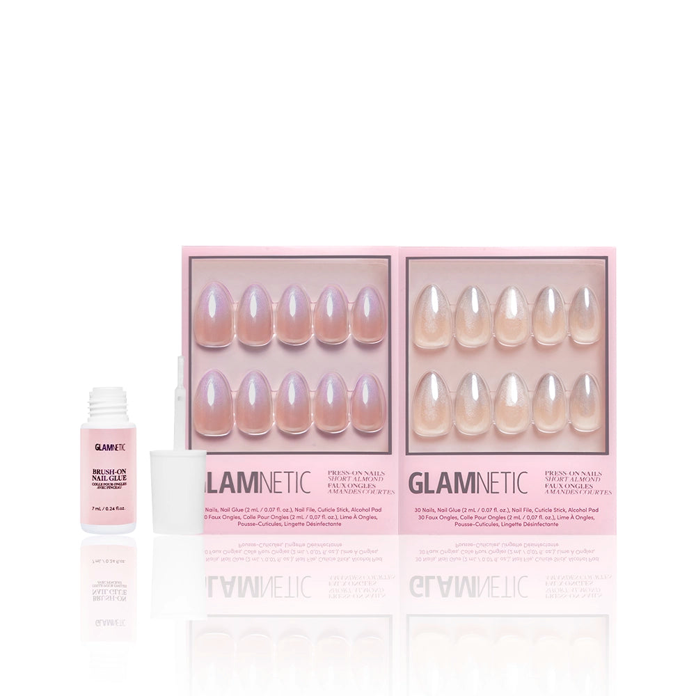Glamnetic ‘Polar Day’ press-on nail set including two pearlescent finishes—pink glow and champagne shimmer—paired with pink brush-on nail glue and open applicator. - Product image