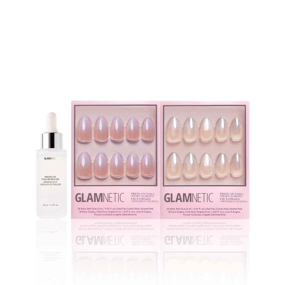 Flat lay of Glamnetic’s ‘Polar Day’ press-on nail duo featuring two iridescent designs—one with a pinkish hue and the other with a champagne tone—displayed alongside Glamnetic’s press-on nail remover. - Product image