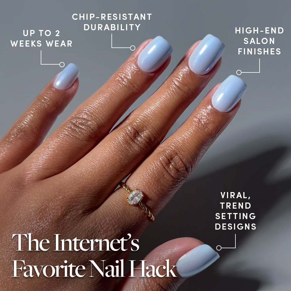A hand with light blue manicured nails, featuring glamnetic's Powder Bleu Press-On Nails in a glazed finish, showcases a gold ring. Text highlights features: up to 2 weeks wear, chip-resistant durability, high-end salon finishes, and viral, trendy designs. - Product image