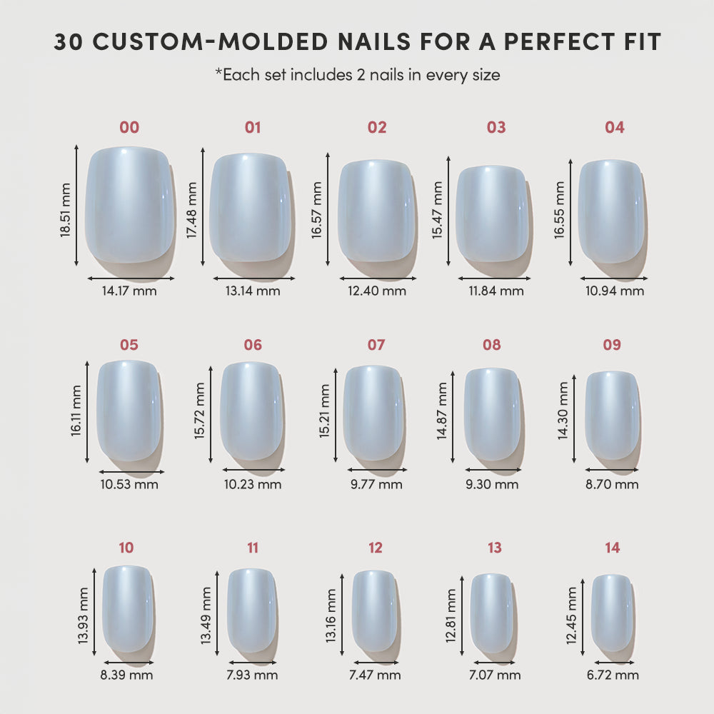 30 glamnetic Powder Bleu custom-molded Press-On Nails, arranged in five rows and labeled by size, numbered from 00 to 14. Each nail’s height and width measurements (in millimeters) are displayed underneath. These short, squoval nails feature a glazed finish and are presented on a clean white background. - Product image