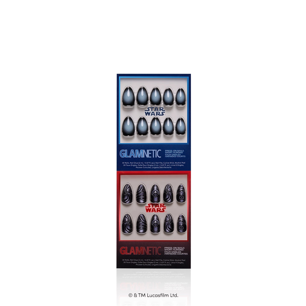 Power of the Sith - Two boxes of glamnetic Power of the Sith premium press-on nails, inspired by Star Wars and showcasing bold black and metallic designs. The top box has a blue background, while the bottom features a red background. Each displays ten nails, including striking Darth Vader nail designs for the ultimate STAR WARS press-on nails experience.