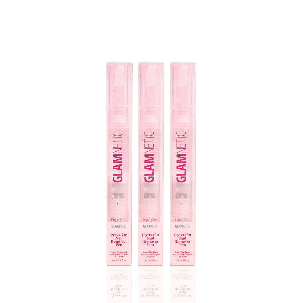 Three identical pink Glamnetic Press-On Nail Remover Pen Trio pens standing vertically in a row.
