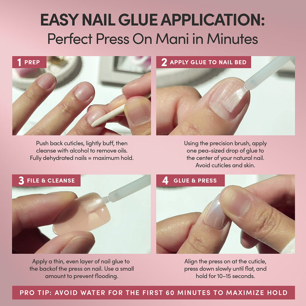 A step-by-step guide shows hands preparing, applying glamnetic Press & Perfect nail glue, and pressing on the press-on nails, with text instructions for a flawless Press & Perfect manicure application and a tip to avoid water for 60 minutes. - Product image