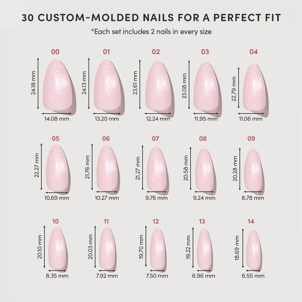 A chart shows 14 sizes of Promise Kept almond-shaped pink press-on nails by glamnetic, each with its number and width in mm. Above, text reads: 30 custom-molded nails for a perfect fit. - Product image