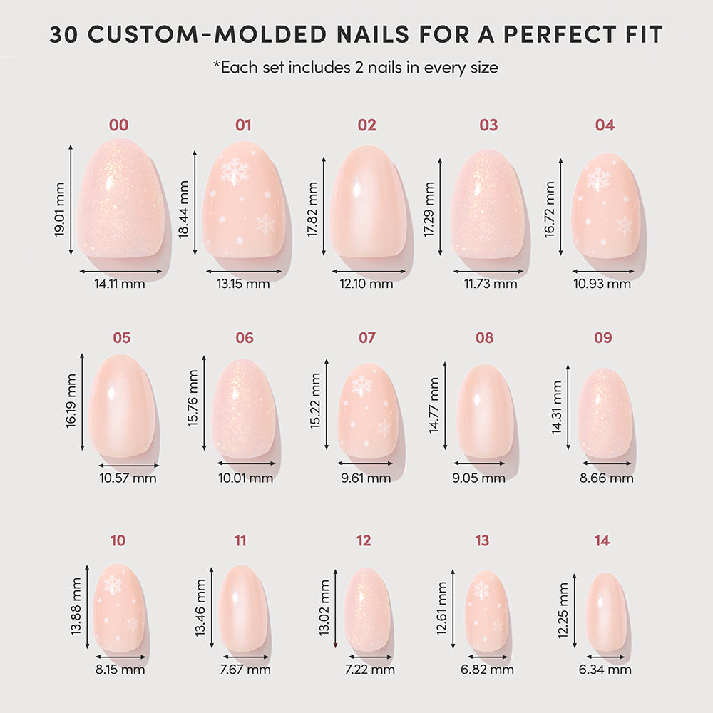 A size chart of 30 Prosecco Pearl press-on nails by glamnetic numbered 00 through 14, each featuring a short oval shape with a light pink base and white snowflake patterns. - Product image