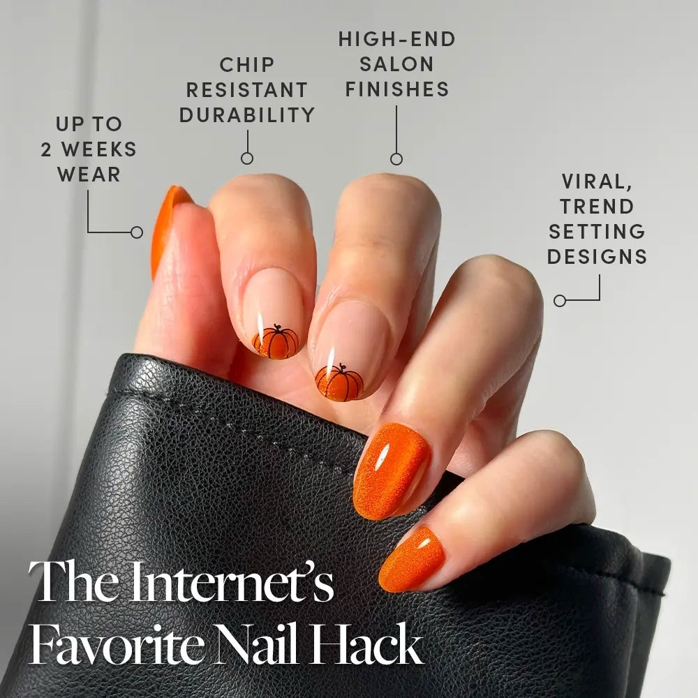 A hand with orange and pumpkin-decorated Pumpkin Patch by glamnetic holds a black leather item. Text highlights durability, salon quality, trendiness, two-week wear, and “The Internet’s Favorite Nail Hack” below. - Product image