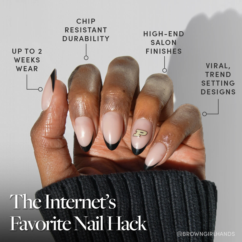 The glamnetic Purdue Boilermakers Press-On Nail Set features long, almond-shaped nude nails with black French tips and a gold Purdue logo accent. Enjoy salon-quality, chip-resistant, trendy designs with high-end finishes that last up to 2 weeks. - Product image