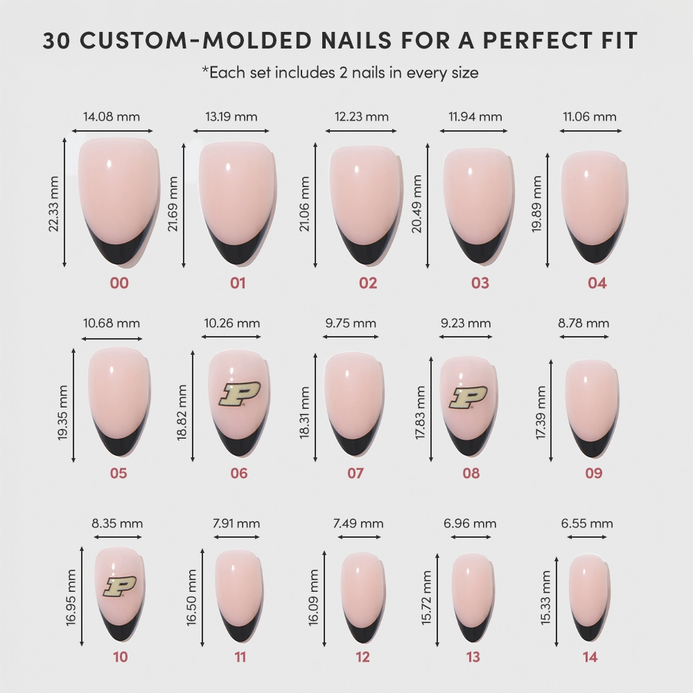 The glamnetic Purdue Boilermakers Press-On Nail Set includes 30 salon-quality nails in assorted sizes with pink bases, black French tips, and two gold “P” logos, arranged in five labeled rows by size. - Product image