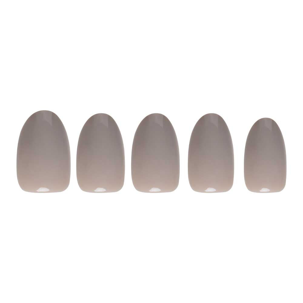 Five glossy taupe-gray artificial nails from the glamnetic Pure Gray set are displayed in a row on a white background—ideal for fans of chic, neutral styles. - Product image