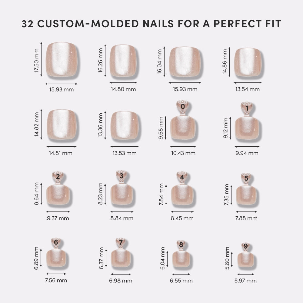 Illustration of 32 custom-molded nails with measurements on a white background - Product image