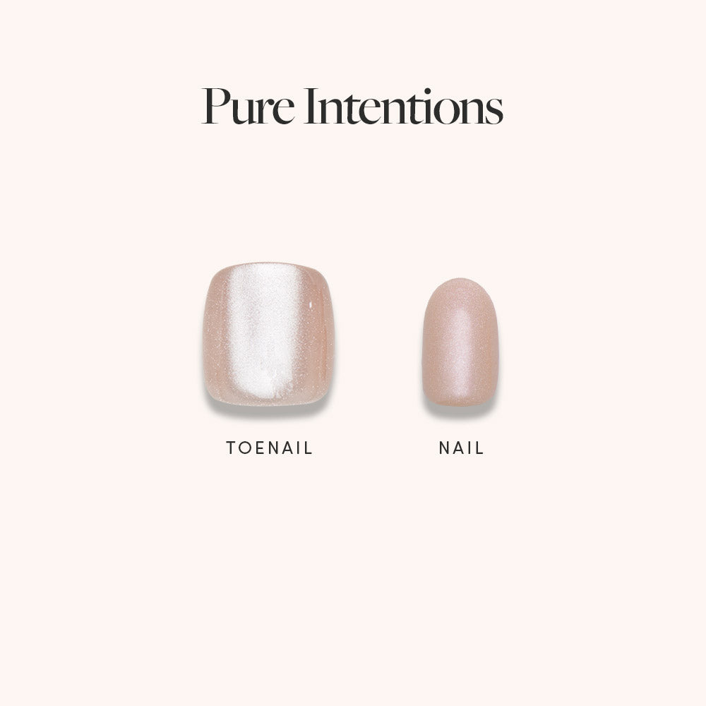 The glamnetic Pure Intentions Mani Pedi features shimmery light pink artificial toenails and fingernails with a velvet finish, shown side by side on a pale background labeled “TOENAIL” and “NAIL.”.