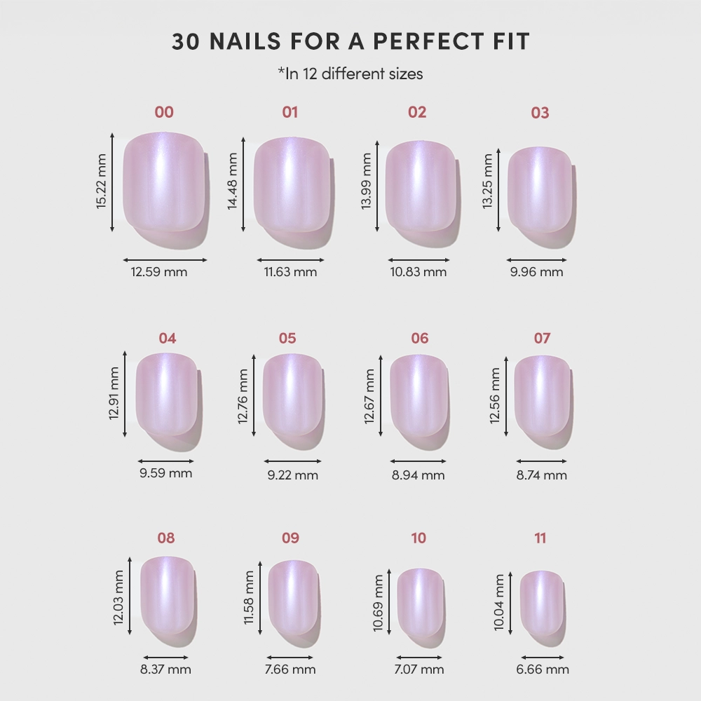 Chart of 12 purple, glossy cruelty-free vegan nails from glamnetic's Purple Pixie set, each labeled 00 to 11 with millimeter sizing. Text above reads: 30 Nails For a Perfect Fit. Ideal for stylish glazed press-ons with comfort. - Product image