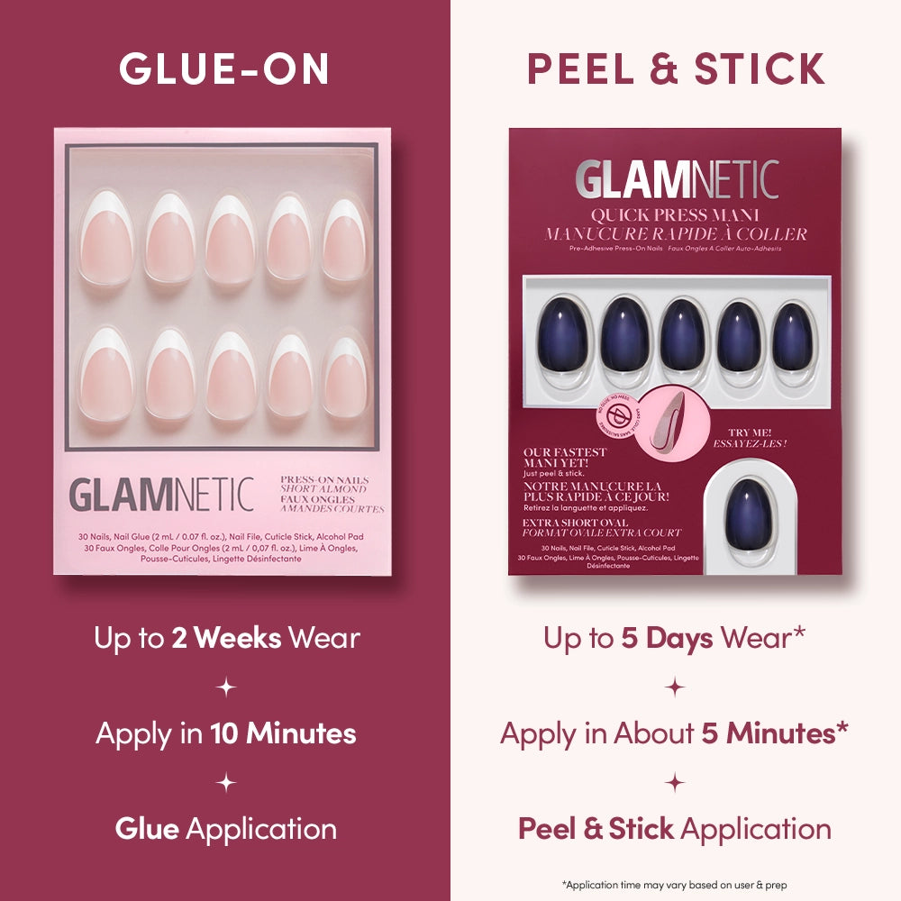 Side-by-side image comparing glamnetic Purple Reign glue-on nails (pink, left) and Purple Reign press-on nails (blue, right), showcasing the differences in wear time, application time, and application method for each manicure product. - Product image