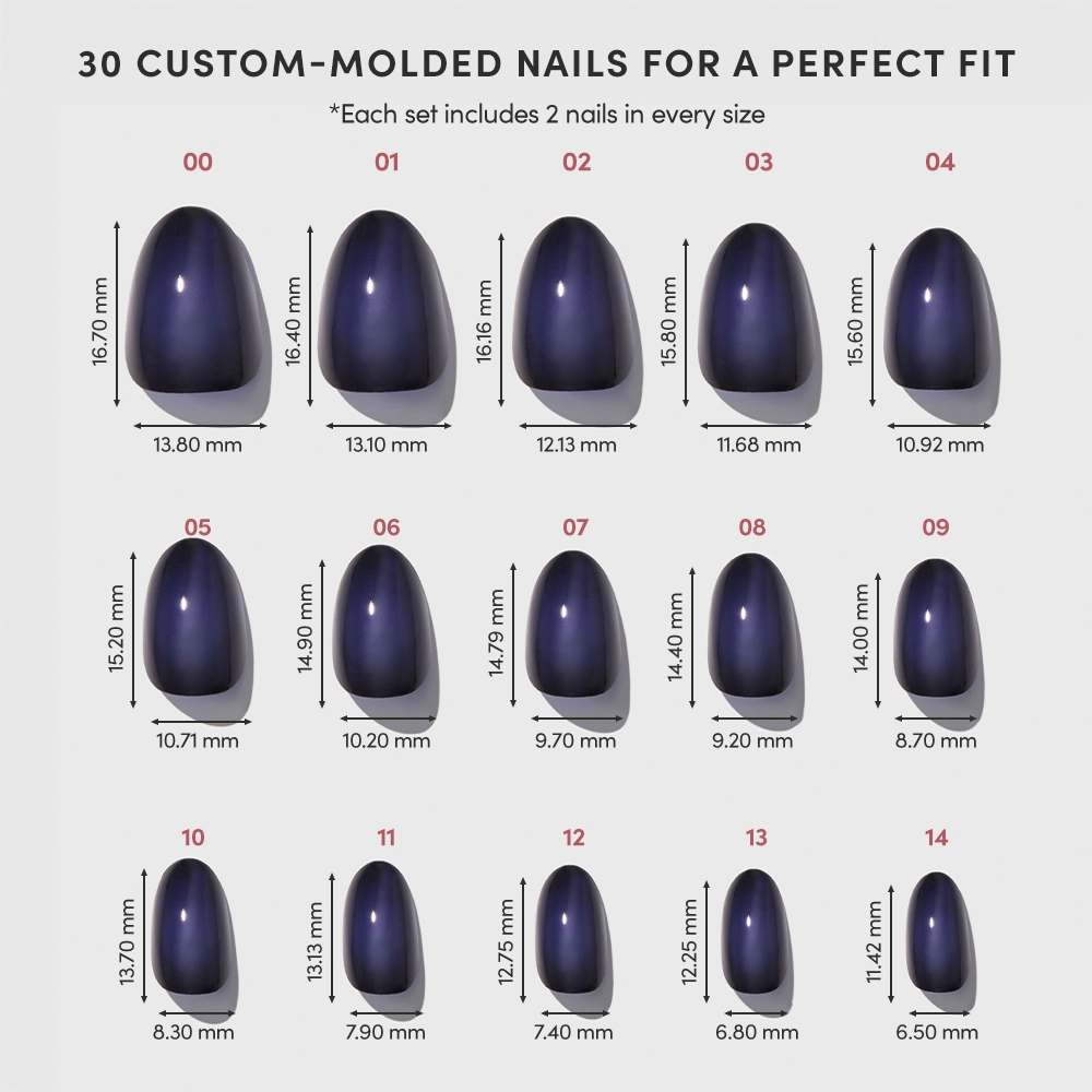 Chart displaying 10 sizes of Purple Reign dark purple custom-molded press-on nails from glamnetic, with each nail’s width and length measurements shown below its image. The text notes that every set contains two nails of each size. - Product image