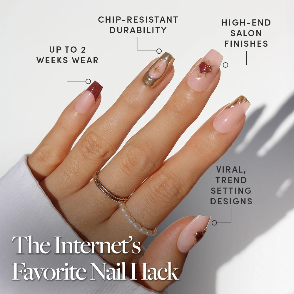 Show off your glamnetic Queen of Hearts coffin nails, featuring viral 3D designs. Enjoy up to 2 weeks of chip-resistant wear and high-end, salon-quality finishes that set trends with every mani. - Product image