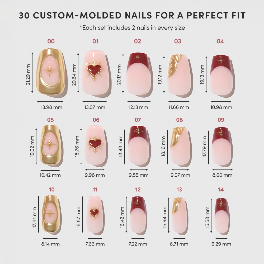 The Queen of Hearts chart by glamnetic features 15 false nails in gold and burgundy, with numbered coffin shapes and sizes in millimeters for a custom fit. The heading states, “30 Custom-Molded Nails for a Perfect Fit.”. - Product image
