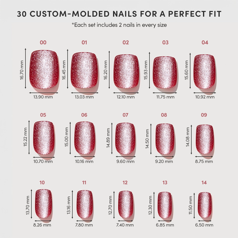 A chart showing 15 sizes of glamnetic Red Allure glittery red press-on nails, each custom-molded with length and width in millimeters for the perfect fit—ideal for a quick, flawless mani anytime. - Product image