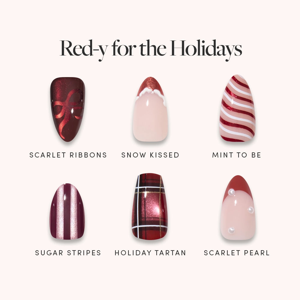 Glamnetic Red-y for the Holidays nail collection featuring Scarlet Ribbons, Snow Kissed, Mint to Be, Sugar Stripes, Holiday Tartan, and Scarlet Pearl designs, including several variations of classic red press-on nails and French tip styles.