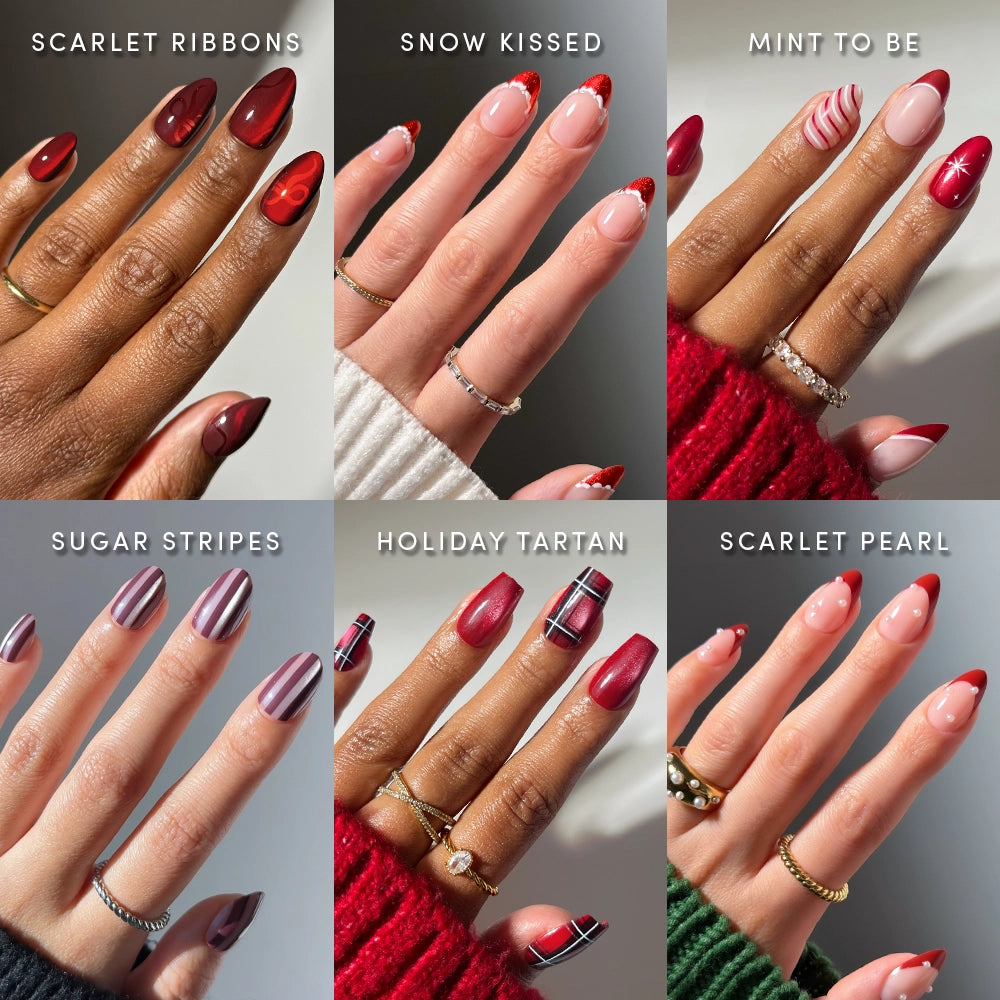 A grid of six hands displaying Glamnetic Red-y for the Holidays press-on nails, featuring red sets with ribbons, candy cane stripes, plaid patterns, and pearl accents.