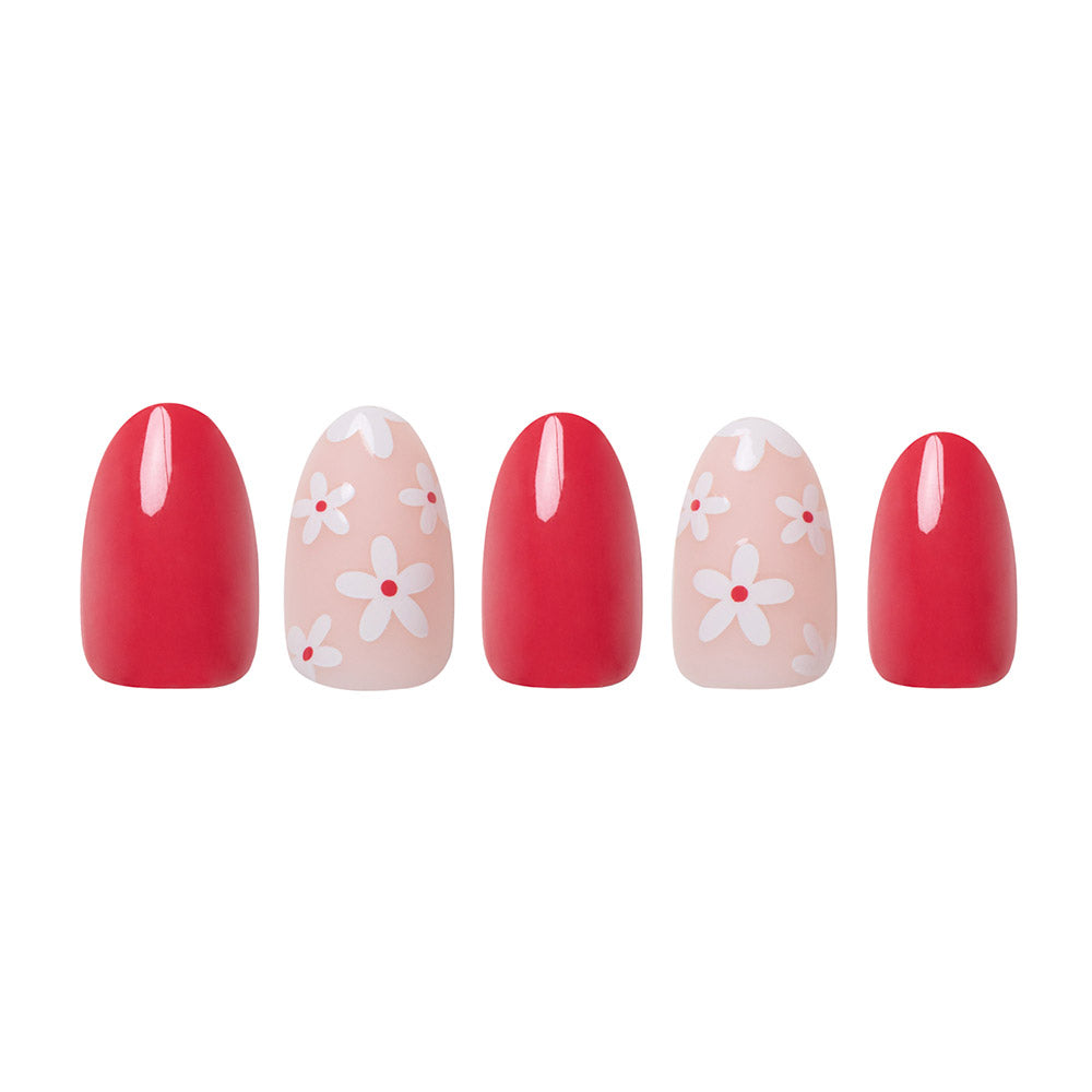 The glamnetic Red Blossom set features five short oval nails—three in solid red and two with white and red daisy floral accents—creating a fresh Red Blossom look on a white background. - Product image