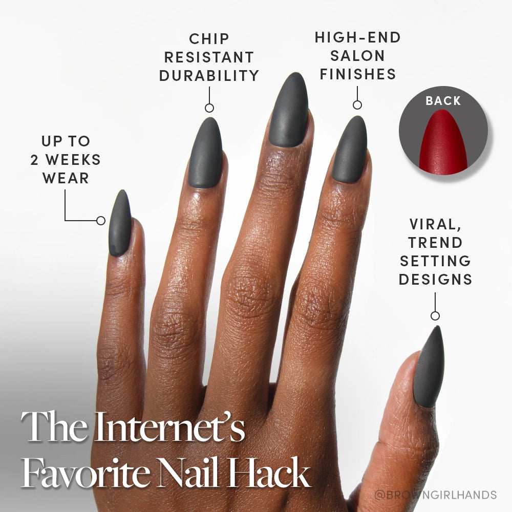 A hand features glamnetic Red Bottom matte black almond press-ons, flaunting up to 2 weeks wear, chip-resistant durability, high-end finishes, and trendy designs. An inset shows the chic red underside of these luxury nails. - Product image
